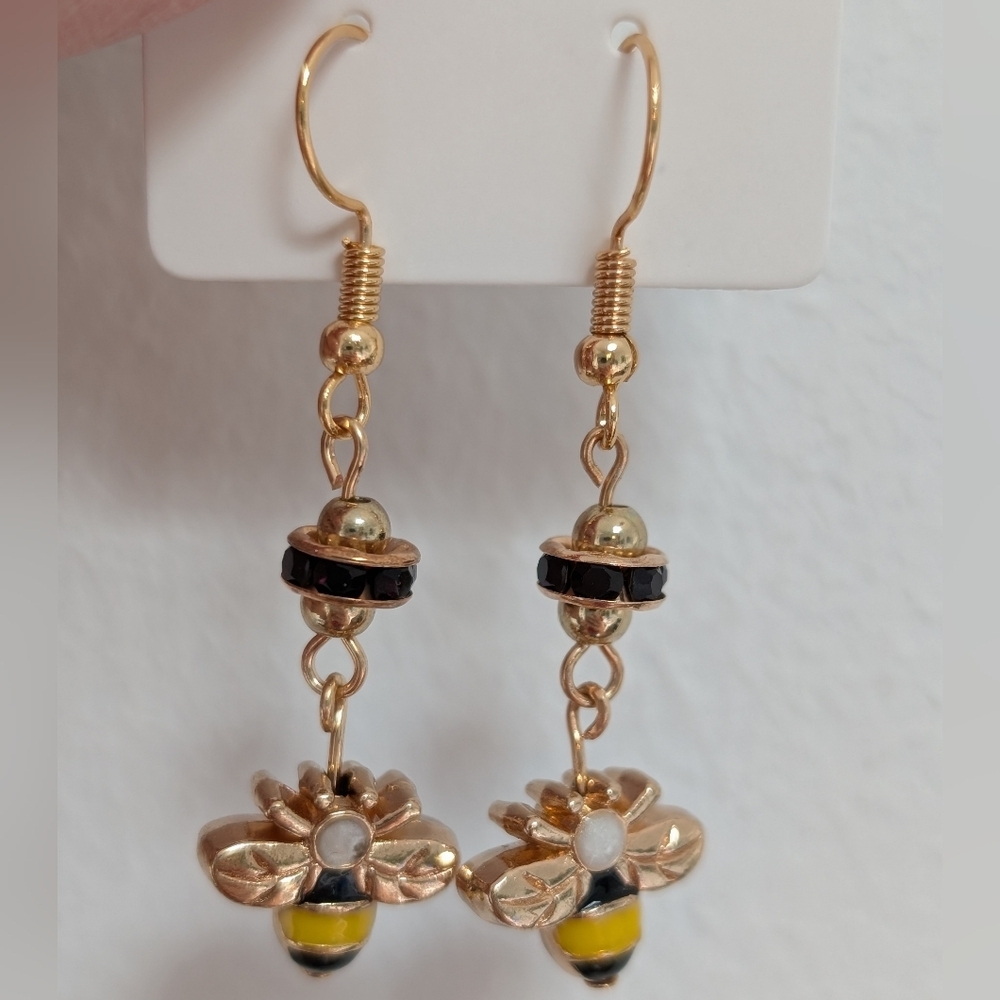 Bumble Bee Enamel Rhinestone Drop Earrings 18K Gold Plated FishHook Handmade NWT
